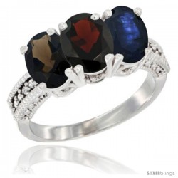 14K White Gold Natural Smoky Topaz, Garnet & Blue Sapphire Ring 3-Stone 7x5 mm Oval Diamond Accent