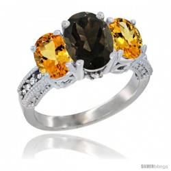 10K White Gold Ladies Natural Smoky Topaz Oval 3 Stone Ring with Citrine Sides Diamond Accent