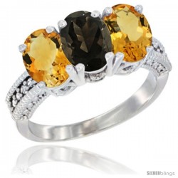 10K White Gold Natural Smoky Topaz & Citrine Sides Ring 3-Stone Oval 7x5 mm Diamond Accent