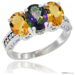 10K White Gold Natural Mystic Topaz & Citrine Sides Ring 3-Stone Oval 7x5 mm Diamond Accent