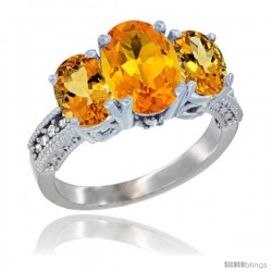 10K White Gold Ladies Natural Citrine Oval 3 Stone Ring Diamond Accent