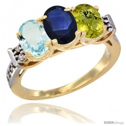 10K Yellow Gold Natural Aquamarine, Blue Sapphire & Lemon Quartz Ring 3-Stone Oval 7x5 mm Diamond Accent