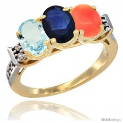 10K Yellow Gold Natural Aquamarine, Blue Sapphire & Coral Ring 3-Stone Oval 7x5 mm Diamond Accent