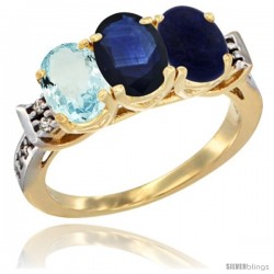 10K Yellow Gold Natural Aquamarine, Blue Sapphire & Lapis Ring 3-Stone Oval 7x5 mm Diamond Accent