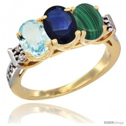 10K Yellow Gold Natural Aquamarine, Blue Sapphire & Malachite Ring 3-Stone Oval 7x5 mm Diamond Accent