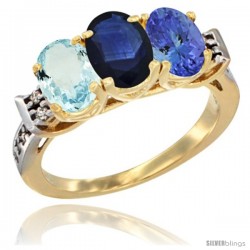 10K Yellow Gold Natural Aquamarine, Blue Sapphire & Tanzanite Ring 3-Stone Oval 7x5 mm Diamond Accent