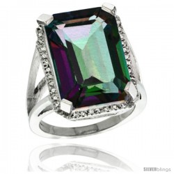 Sterling Silver Diamond Mystic Topaz Ring 14.96 ct Emerald Shape 18x13 mm Stone, 13/16 in wide