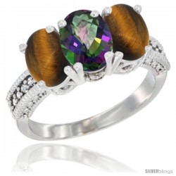 14K White Gold Natural Mystic Topaz & Tiger Eye Sides Ring 3-Stone 7x5 mm Oval Diamond Accent