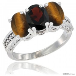 14K White Gold Natural Garnet & Tiger Eye Sides Ring 3-Stone 7x5 mm Oval Diamond Accent