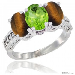 14K White Gold Natural Peridot & Tiger Eye Sides Ring 3-Stone 7x5 mm Oval Diamond Accent