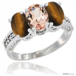 14K White Gold Natural Morganite & Tiger Eye Sides Ring 3-Stone 7x5 mm Oval Diamond Accent