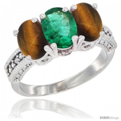 14K White Gold Natural Emerald & Tiger Eye Sides Ring 3-Stone 7x5 mm Oval Diamond Accent