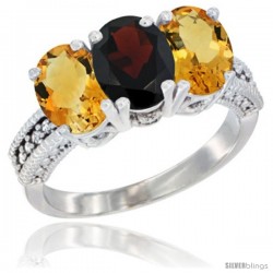 10K White Gold Natural Garnet & Citrine Sides Ring 3-Stone Oval 7x5 mm Diamond Accent