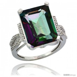 Sterling Silver Diamond Mystic Topaz Ring 12 ct Emerald Shape 16x12 Stone 3/4 in wide