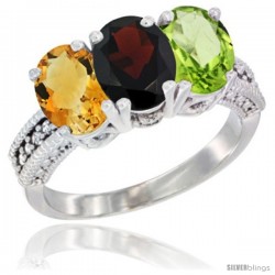 10K White Gold Natural Citrine, Garnet & Peridot Ring 3-Stone Oval 7x5 mm Diamond Accent