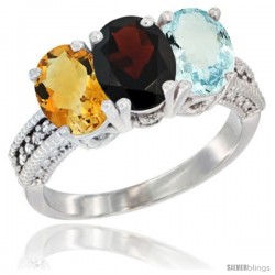 10K White Gold Natural Citrine, Garnet & Aquamarine Ring 3-Stone Oval 7x5 mm Diamond Accent