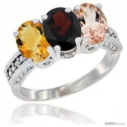 10K White Gold Natural Citrine, Garnet & Morganite Ring 3-Stone Oval 7x5 mm Diamond Accent