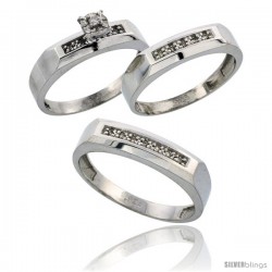 Sterling Silver 3-Piece Trio His (5mm) & Hers (4.5mm) Diamond Wedding Band Set, w/ 0.14 Carat Brilliant Cut Diamonds