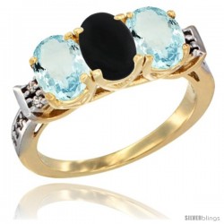 10K Yellow Gold Natural Black Onyx & Aquamarine Sides Ring 3-Stone Oval 7x5 mm Diamond Accent