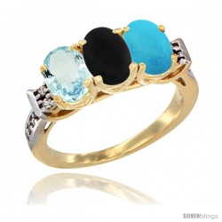 10K Yellow Gold Natural Aquamarine, Black Onyx & Turquoise Ring 3-Stone Oval 7x5 mm Diamond Accent