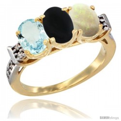 10K Yellow Gold Natural Aquamarine, Black Onyx & Opal Ring 3-Stone Oval 7x5 mm Diamond Accent