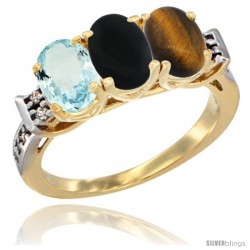 10K Yellow Gold Natural Aquamarine, Black Onyx & Tiger Eye Ring 3-Stone Oval 7x5 mm Diamond Accent