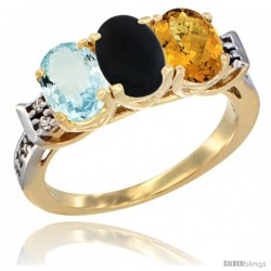 10K Yellow Gold Natural Aquamarine, Black Onyx & Whisky Quartz Ring 3-Stone Oval 7x5 mm Diamond Accent