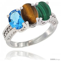 10K White Gold Natural Swiss Blue Topaz, Tiger Eye & Malachite Ring 3-Stone Oval 7x5 mm Diamond Accent