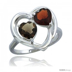 14k White Gold 2-Stone Heart Ring 6mm Natural Smoky Topaz & Garnet Diamond Accent