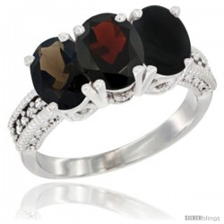 14K White Gold Natural Smoky Topaz, Garnet & Black Onyx Ring 3-Stone 7x5 mm Oval Diamond Accent