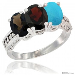 14K White Gold Natural Smoky Topaz, Garnet & Turquoise Ring 3-Stone 7x5 mm Oval Diamond Accent