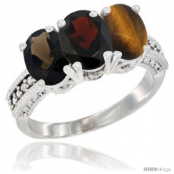 14K White Gold Natural Smoky Topaz, Garnet & Tiger Eye Ring 3-Stone 7x5 mm Oval Diamond Accent