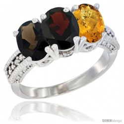 14K White Gold Natural Smoky Topaz, Garnet & Whisky Quartz Ring 3-Stone 7x5 mm Oval Diamond Accent