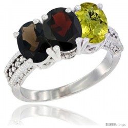 14K White Gold Natural Smoky Topaz, Garnet & Lemon Quartz Ring 3-Stone 7x5 mm Oval Diamond Accent