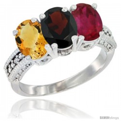 10K White Gold Natural Citrine, Garnet & Ruby Ring 3-Stone Oval 7x5 mm Diamond Accent