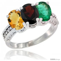 10K White Gold Natural Citrine, Garnet & Emerald Ring 3-Stone Oval 7x5 mm Diamond Accent