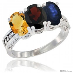 10K White Gold Natural Citrine, Garnet & Blue Sapphire Ring 3-Stone Oval 7x5 mm Diamond Accent