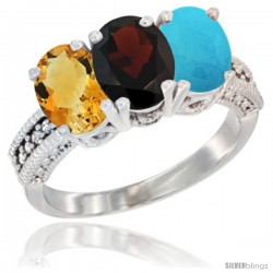 10K White Gold Natural Citrine, Garnet & Turquoise Ring 3-Stone Oval 7x5 mm Diamond Accent