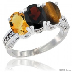 10K White Gold Natural Citrine, Garnet & Tiger Eye Ring 3-Stone Oval 7x5 mm Diamond Accent