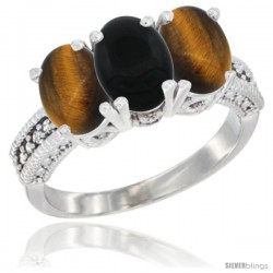 14K White Gold Natural Black Onyx & Tiger Eye Sides Ring 3-Stone 7x5 mm Oval Diamond Accent