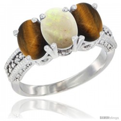 14K White Gold Natural Opal & Tiger Eye Sides Ring 3-Stone 7x5 mm Oval Diamond Accent