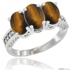 14K White Gold Natural Tiger Eye Ring 3-Stone 7x5 mm Oval Diamond Accent