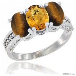 14K White Gold Natural Whisky Quartz & Tiger Eye Sides Ring 3-Stone 7x5 mm Oval Diamond Accent