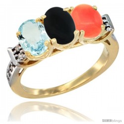 10K Yellow Gold Natural Aquamarine, Black Onyx & Coral Ring 3-Stone Oval 7x5 mm Diamond Accent