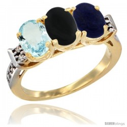 10K Yellow Gold Natural Aquamarine, Black Onyx & Lapis Ring 3-Stone Oval 7x5 mm Diamond Accent