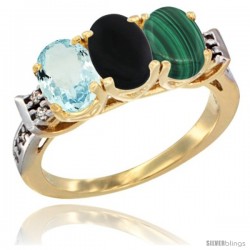 10K Yellow Gold Natural Aquamarine, Black Onyx & Malachite Ring 3-Stone Oval 7x5 mm Diamond Accent