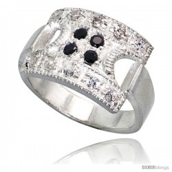 Sterling Silver Square Ring, High Quality Black & White CZ Stones, 1/2 in (11 mm) wide