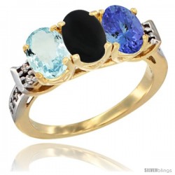 10K Yellow Gold Natural Aquamarine, Black Onyx & Tanzanite Ring 3-Stone Oval 7x5 mm Diamond Accent