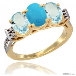 10K Yellow Gold Natural Turquoise & Aquamarine Sides Ring 3-Stone Oval 7x5 mm Diamond Accent