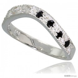 Sterling Silver Wavy Ring, High Quality Black & White CZ Stones, 1/8 in (3 mm) wide